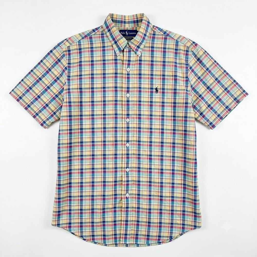 Ralph Lauren Custom Fit Short Sleeve Poplin Shirt Plaid Preppy Casual Mens Large